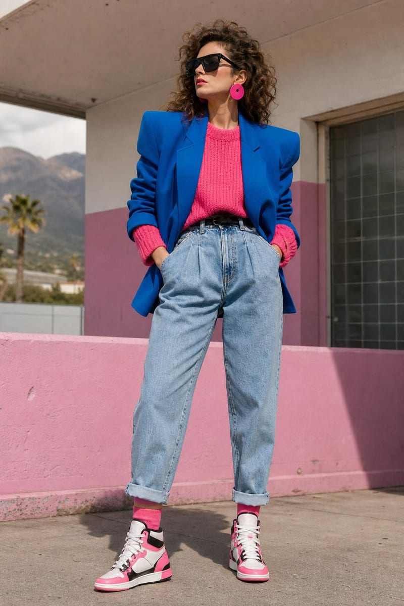 1980s style: power-shoulder blazer and high-waisted jeans