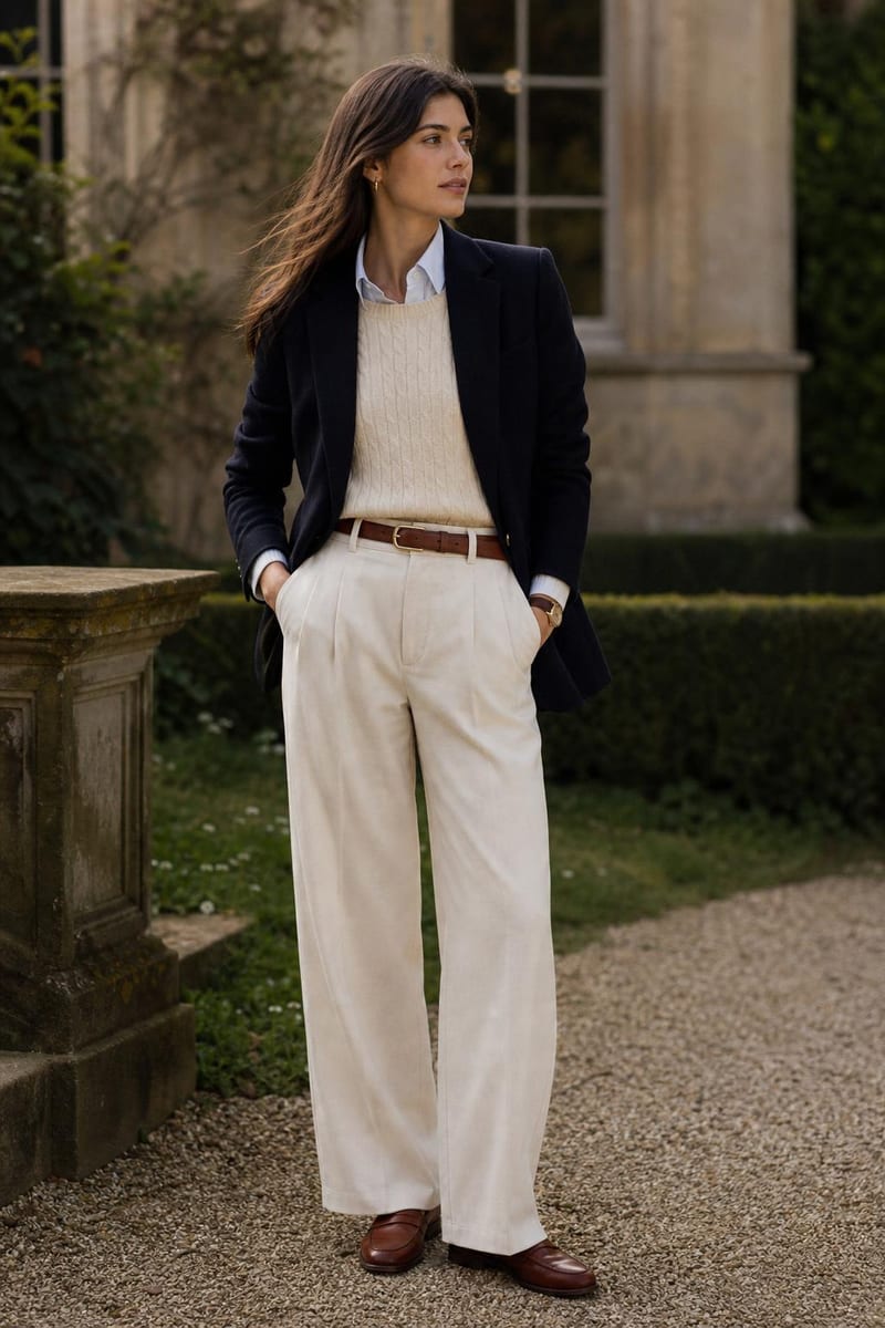 Old Money style: navy blazer, cream knit and tailored trousers