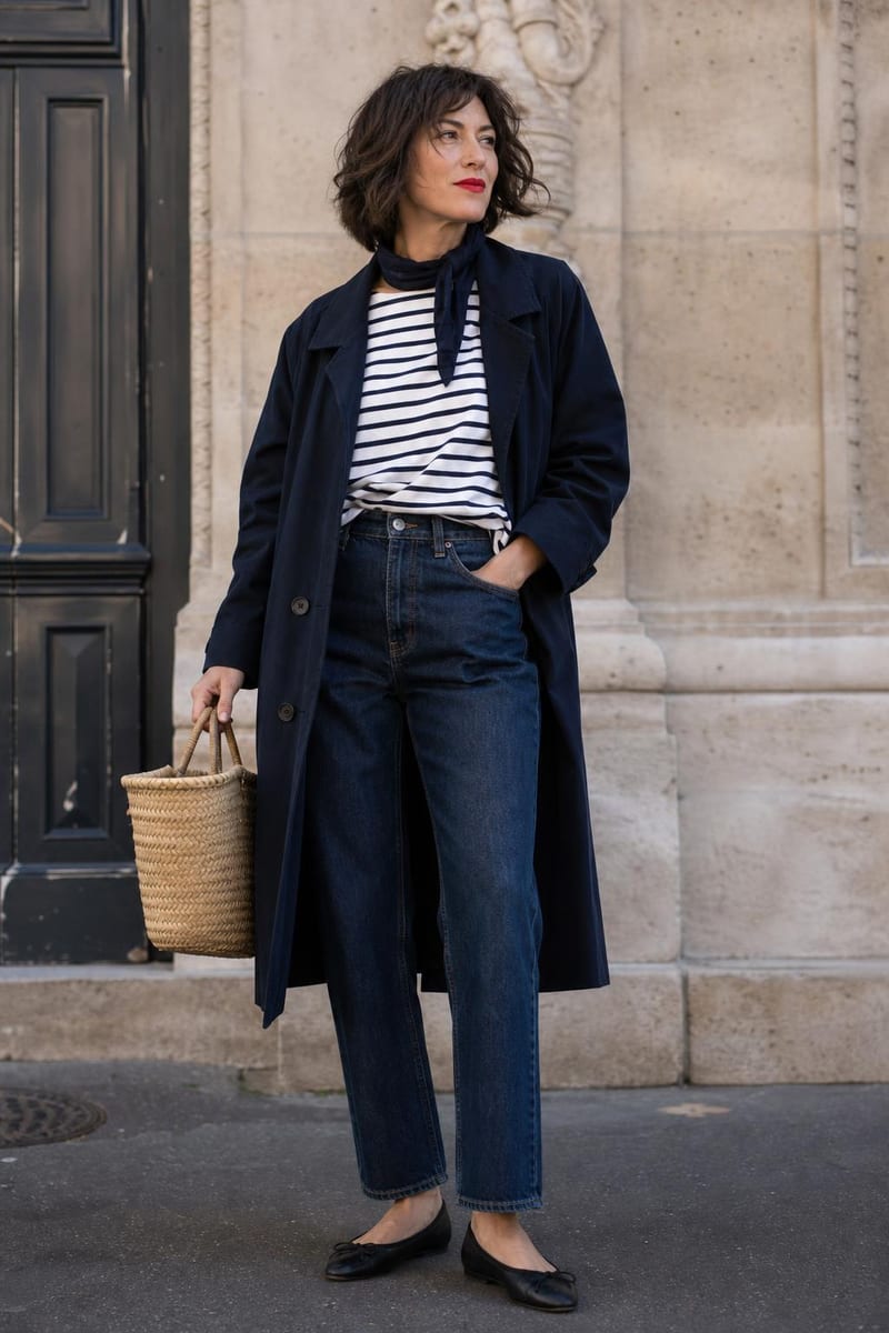 Parisian style: breton top, navy coat and straight jeans