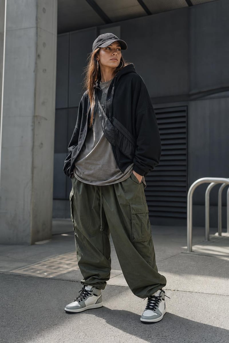 Streetwear style: hoodie, cargo pants and sneakers